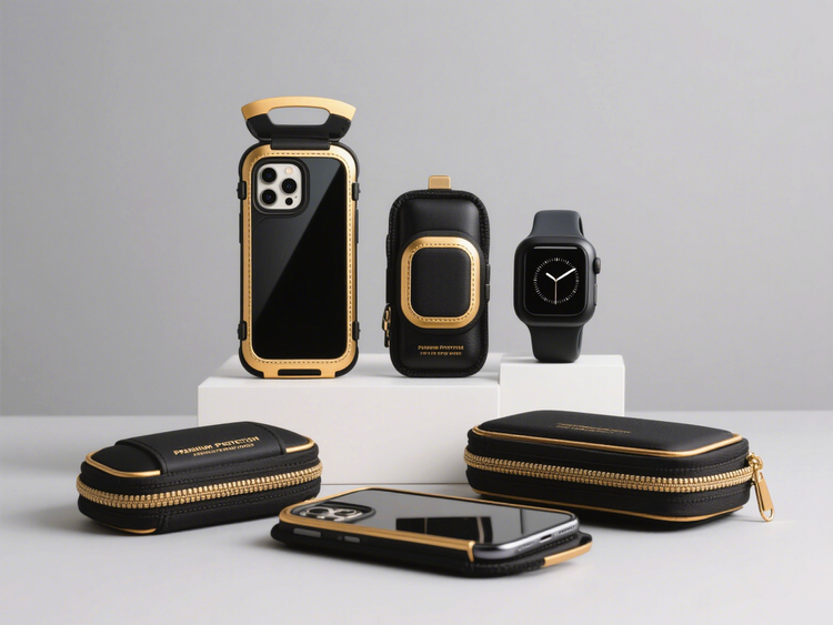Phone and smartwatch protective pouches with shock-absorbing cases and scratch-resistant sleeves for mobile device protection on warm blue background.