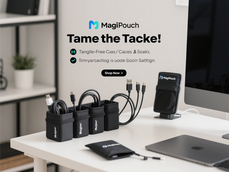 MagiPouch Cable Management Solutions: digital accessories organizers with open compartments showing power banks, cables, earphones, and Bluetooth devices neatly stored.