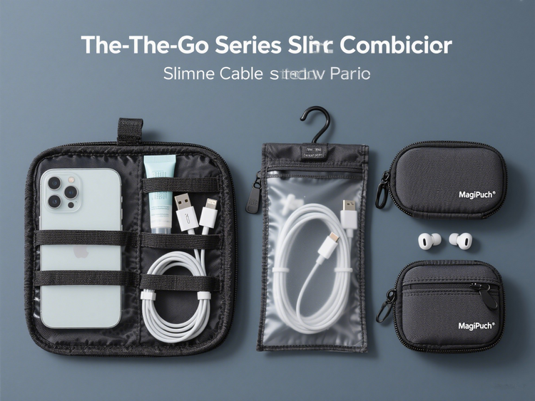 Collection of MagiPouch organizers: slim cable organizers, waterproof toiletry bags, phone pouches, and earbud cases. Travel-ready accessories for tech and personal items.